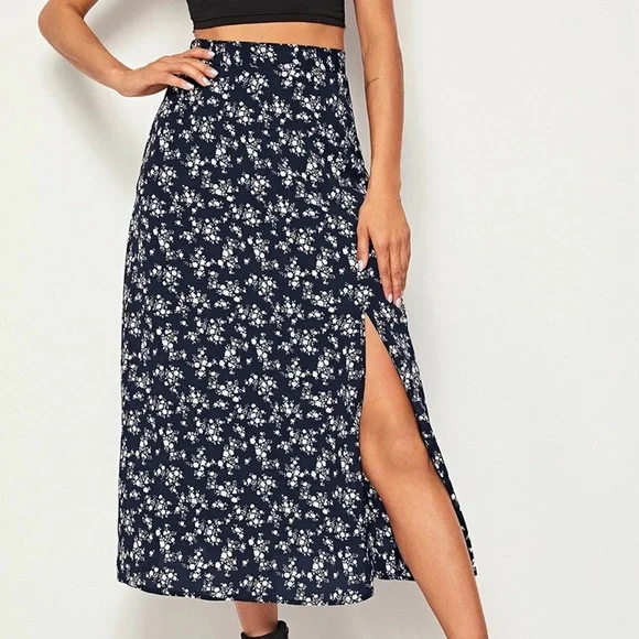 Split thigh floral print midi skirt SHEIN